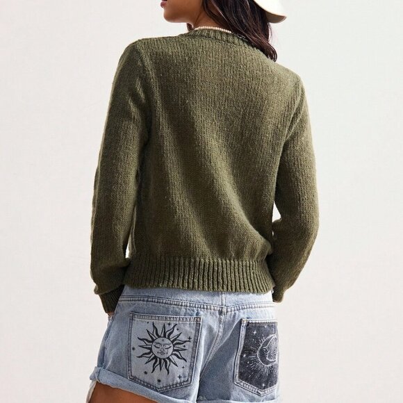 Olive Green Casual Women's Floral Embroidered Button-Up Cardigan - Picture 3 of 8